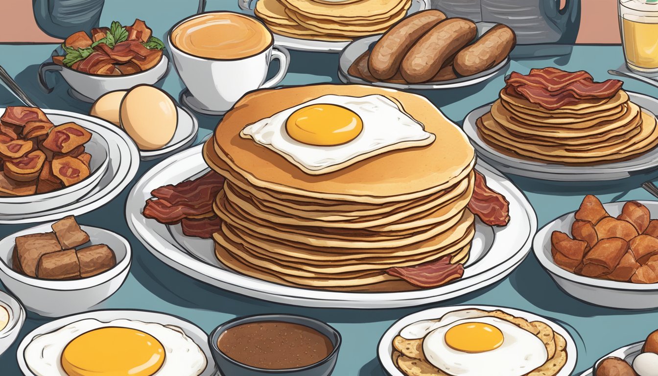 A towering stack of pancakes, eggs, bacon, and sausage on a platter, surrounded by a crowd of onlookers at Bailey's Breakfast & Lunch