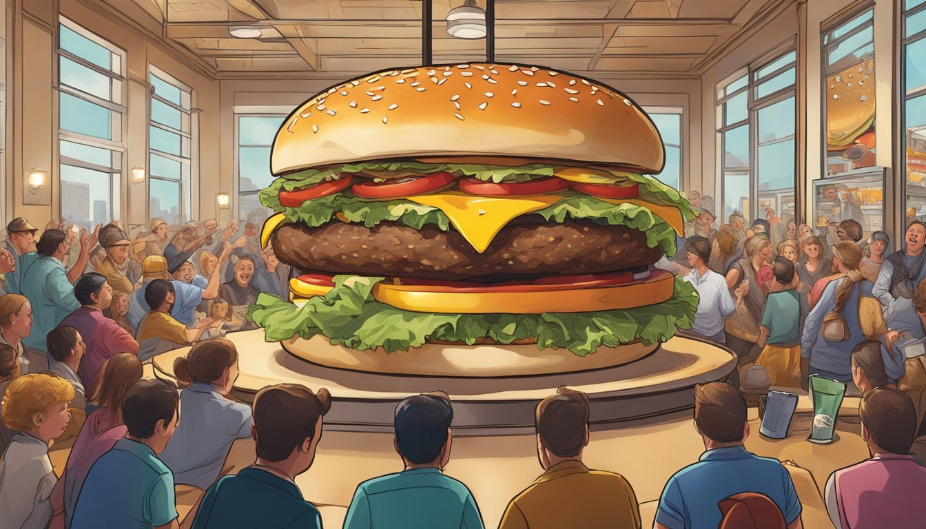 A massive burger towering over a crowded restaurant, surrounded by cheering onlookers