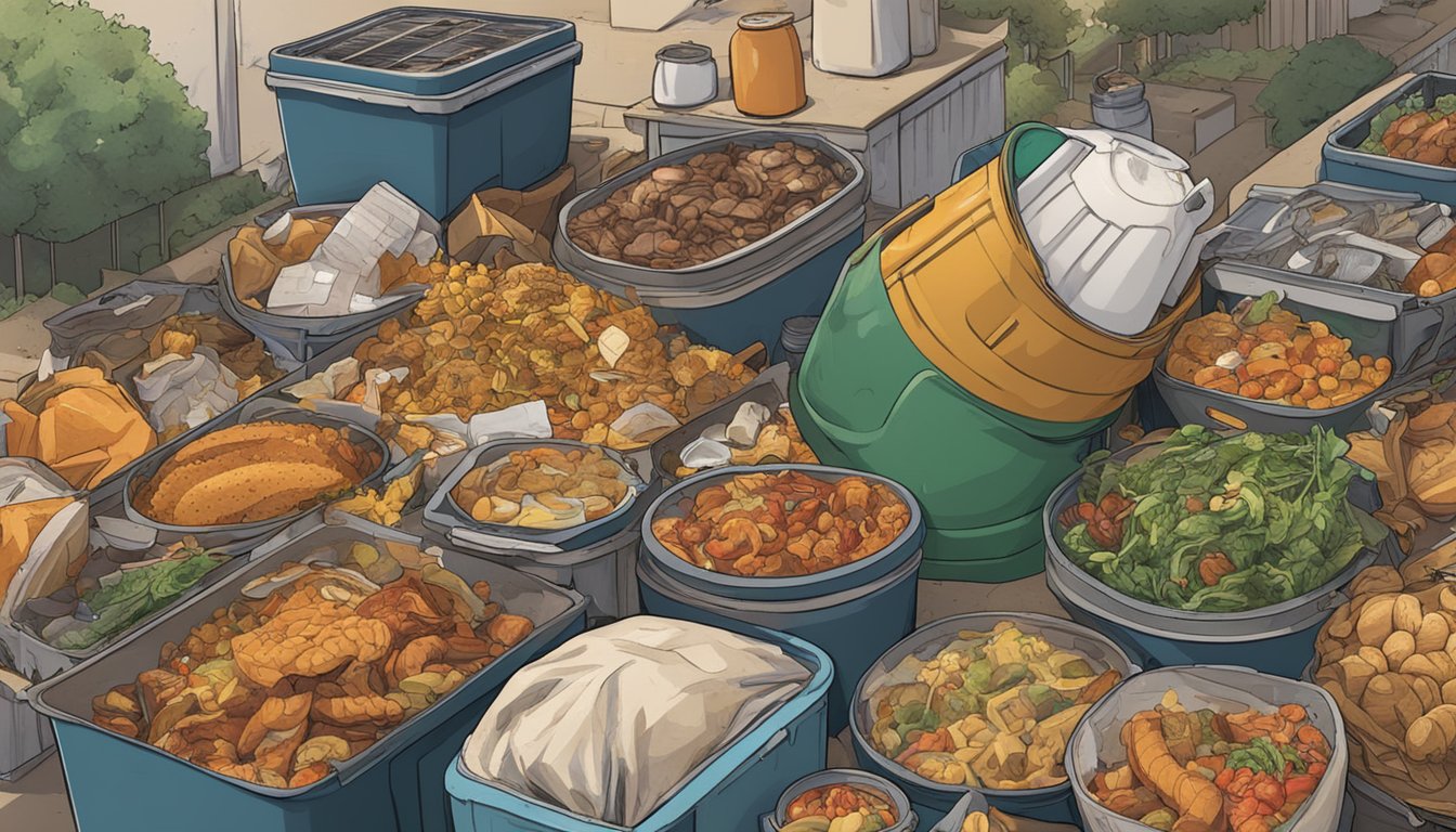 A table piled high with charred food, overflowing trash bins, and a person slumped over with a stomachache