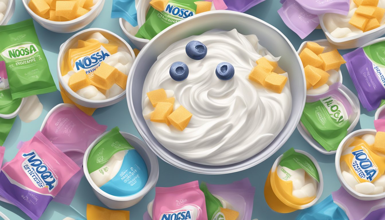 A bowl overflowing with multiple containers of noosa yoghurt, surrounded by piles of sugar and sweetener packets