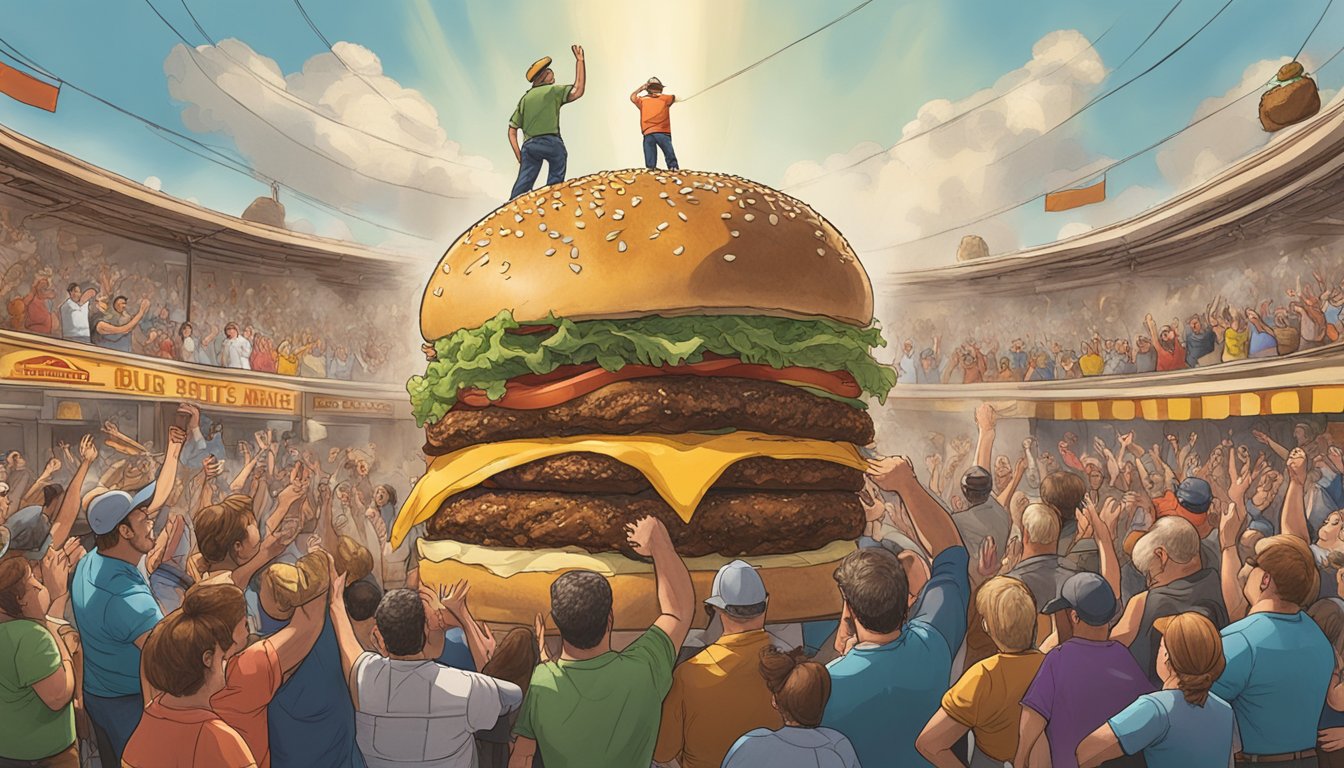 A towering burger surrounded by cheering spectators at The Iron Horse's Colossal Burger Battle in Montana