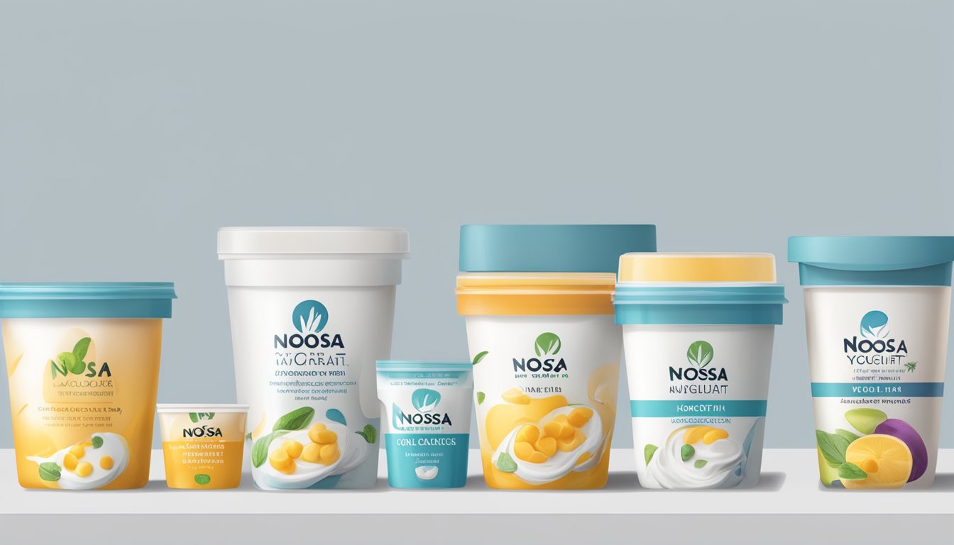 A table with multiple containers of noosa yoghurt, some empty, some half-full, and one untouched