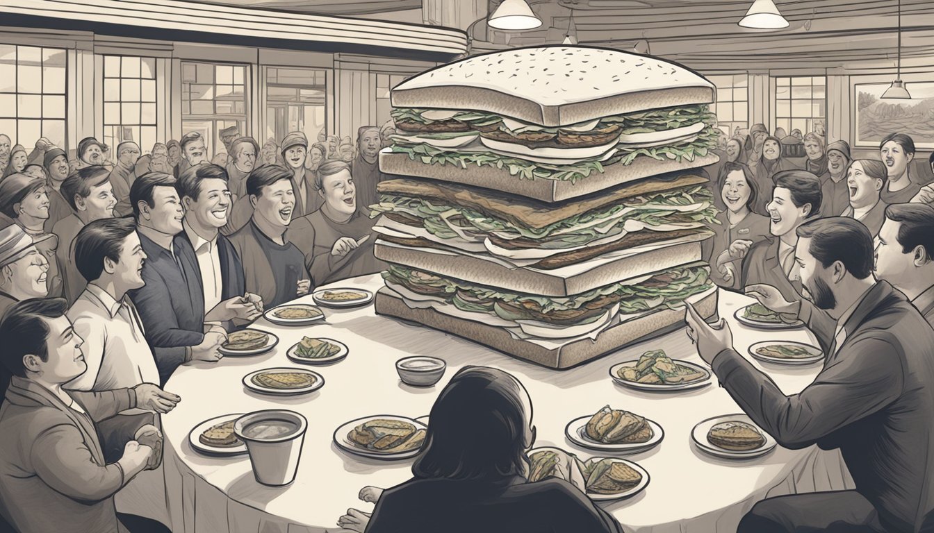 A massive 2-pound sandwich towering on a plate, surrounded by cheering spectators in a Montana restaurant