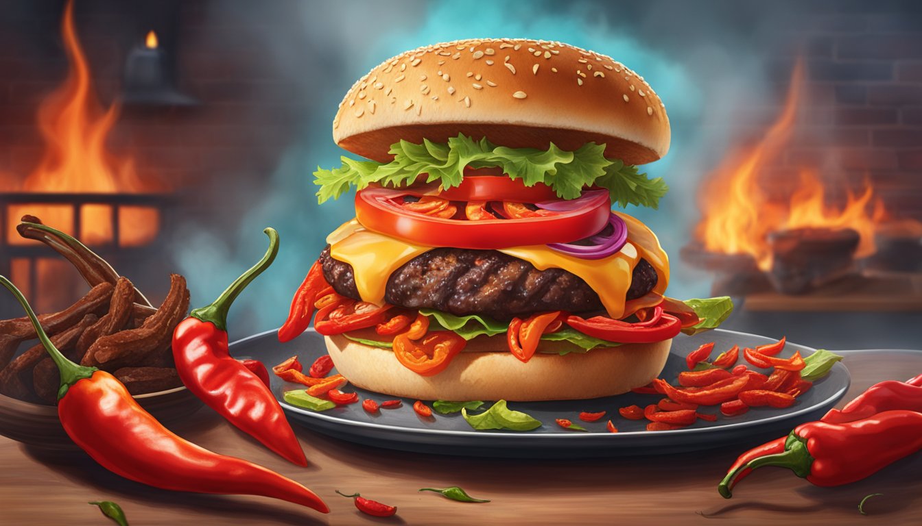 A sizzling hot ghost pepper burger surrounded by fiery red chili peppers and a smoky BBQ backdrop