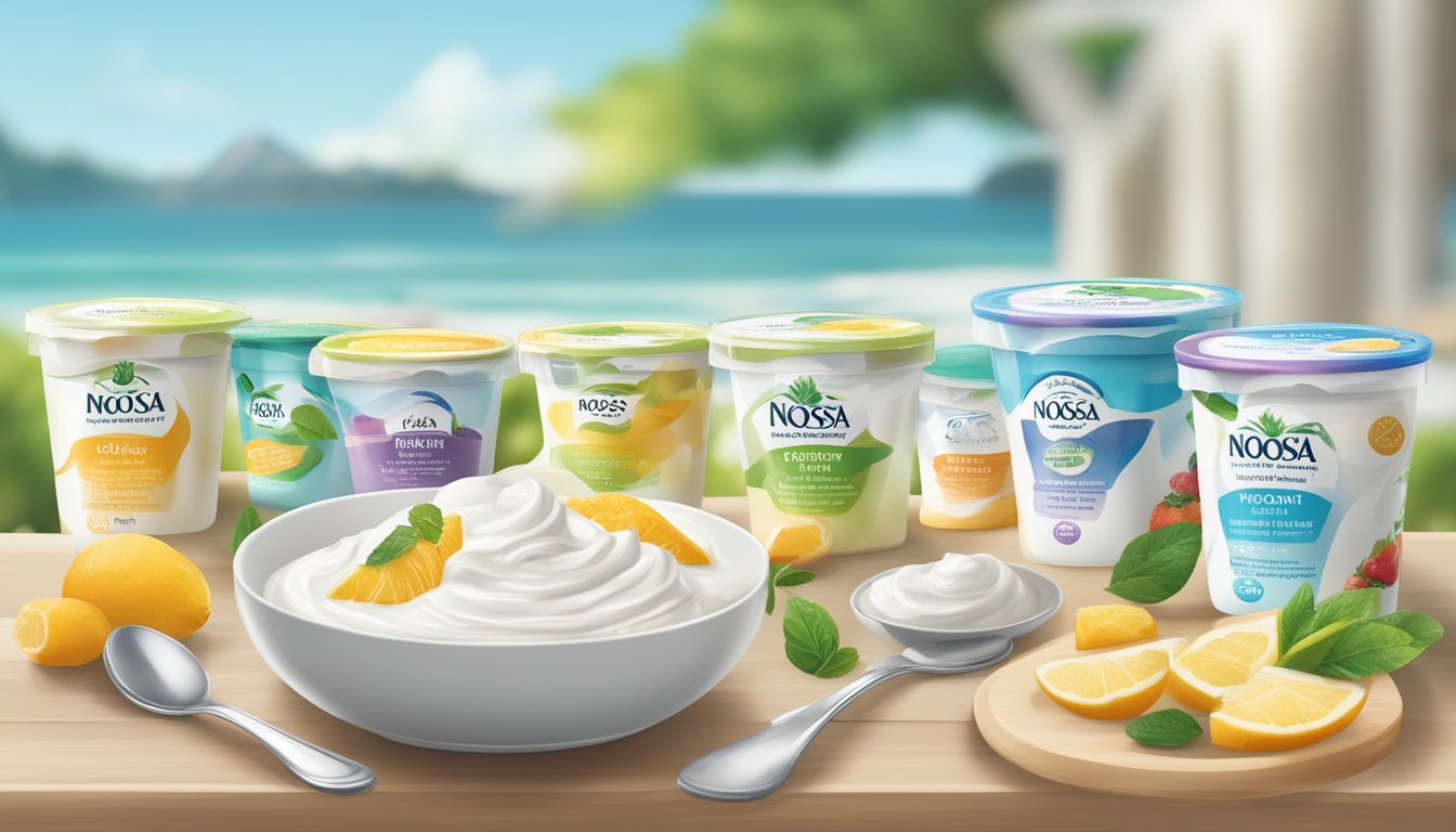 A table with various flavors of noosa yoghurt and a serving size guide from health organizations