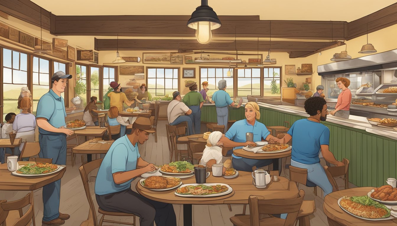 A bustling farm-themed restaurant with oversized plates of hearty Missouri food being served to eager customers