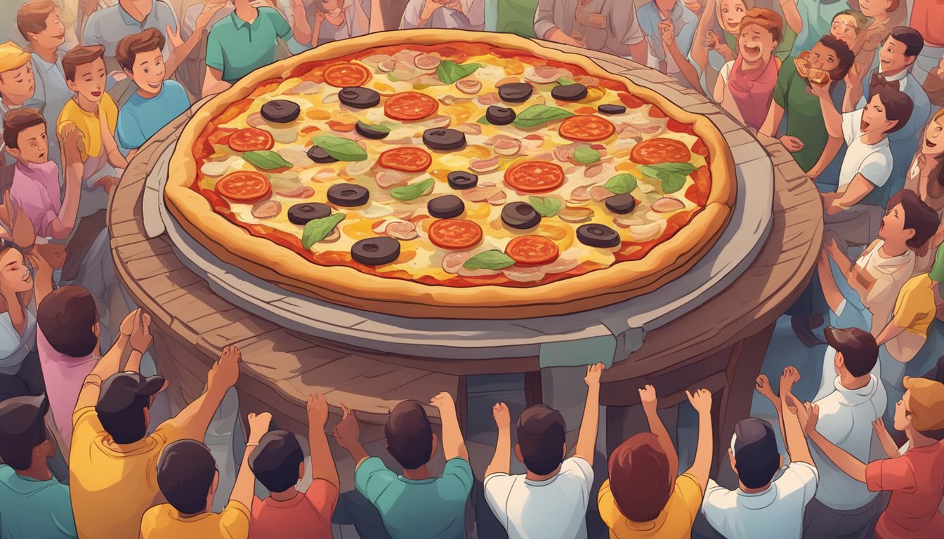 A massive pizza with towering layers of toppings sits on a table surrounded by cheering onlookers