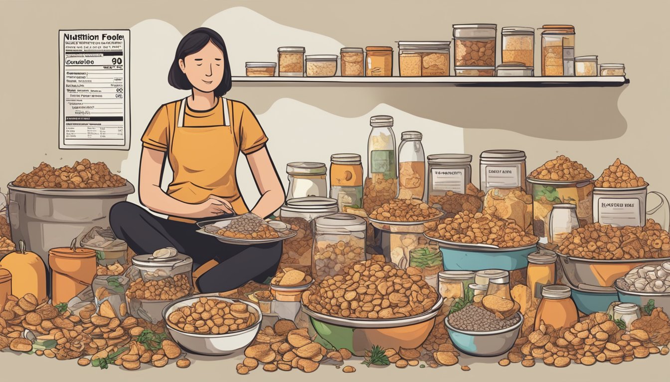 A person surrounded by piles of burnt food, while a nutrition label shows excessive servings