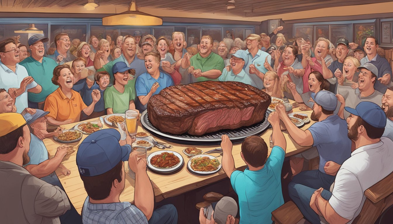 A massive 95-ounce steak on a plate surrounded by cheering onlookers at Big Kahuna's BBQ in Missouri