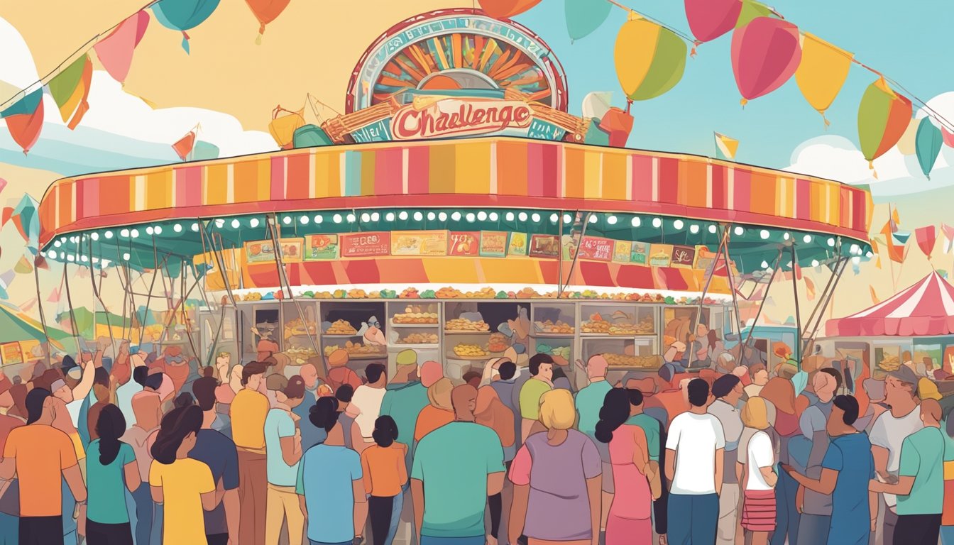 A crowded Nebraska fairground with people gathered around food challenge booths, cheering and taking photos as participants attempt to conquer giant portions