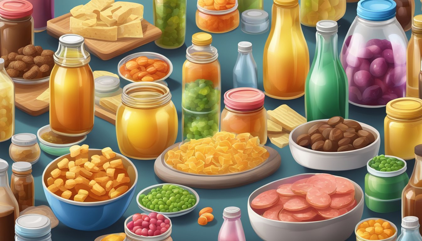 A table filled with various processed foods, surrounded by chemical additives and preservatives in the form of colorful bottles and jars