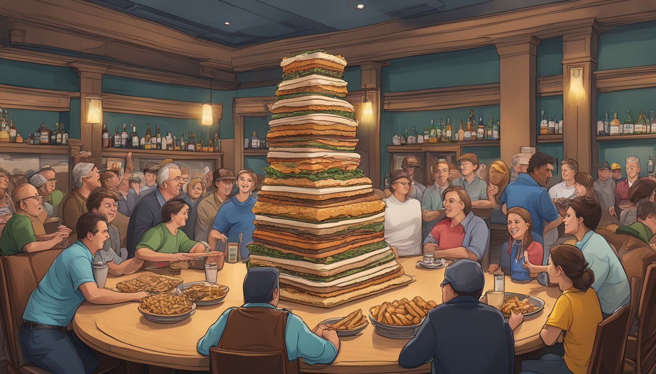 A towering stack of oversized Montana-themed food items on a table at the Thomas Meagher Bar, surrounded by cheering spectators