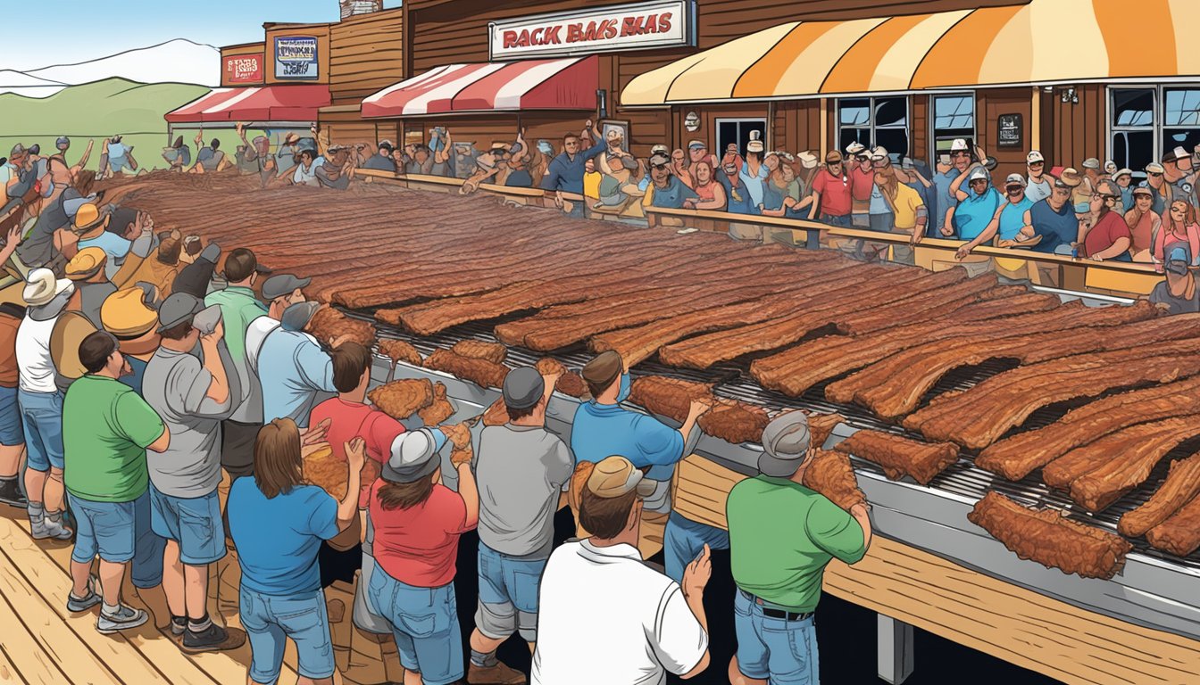 A crowd cheers as contestants devour massive racks of ribs at The Rack Shack's Gigantic Ribs Contest in Montana