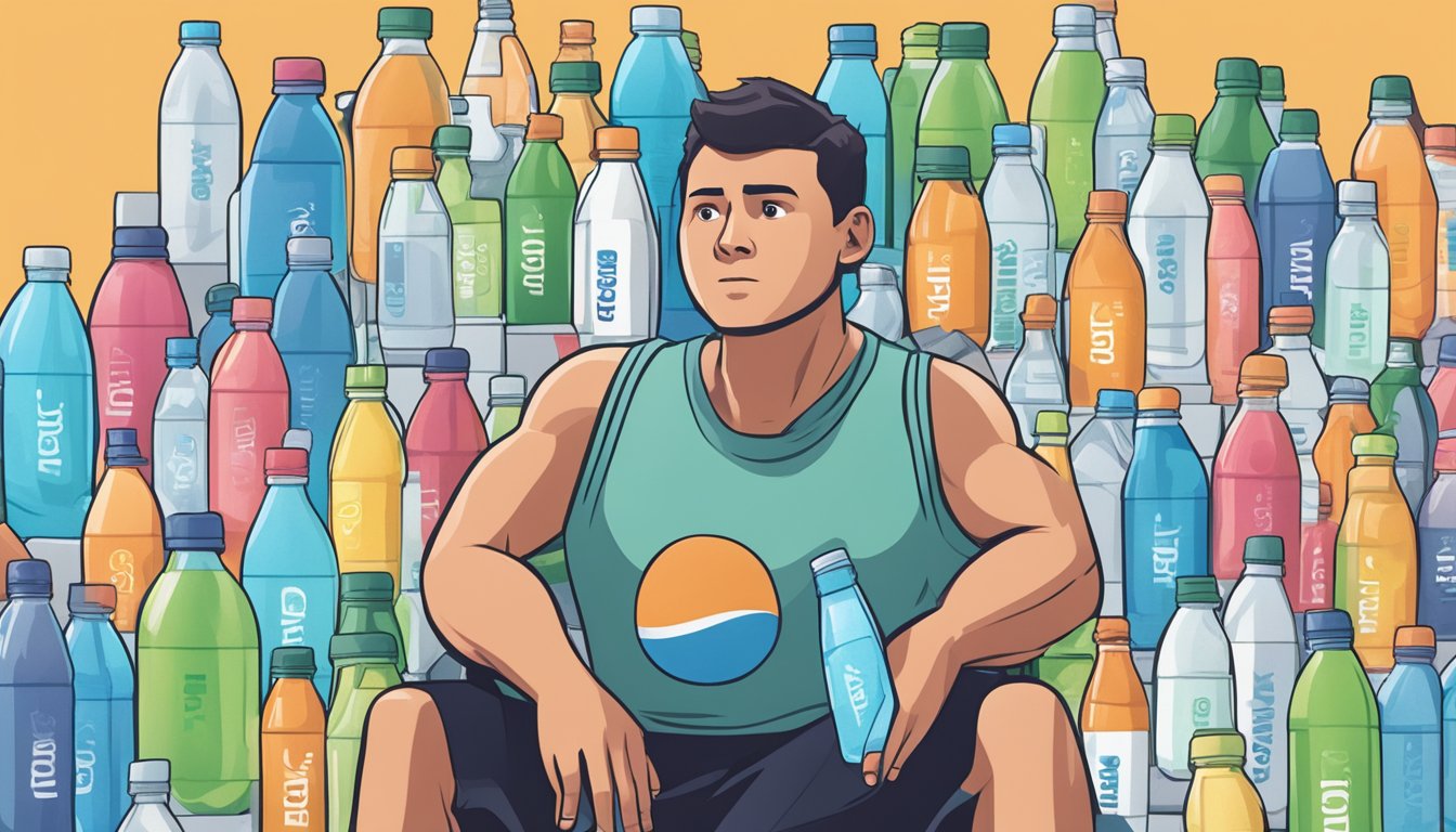 A person surrounded by multiple bottles of Propel fitness water, looking overwhelmed and confused