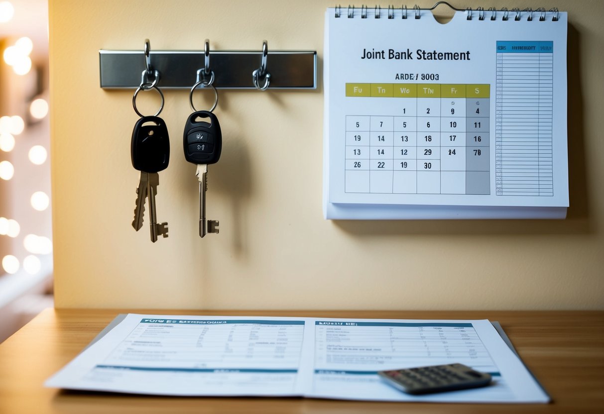 En mysig lägenhet med två uppsättningar nycklar hängande på en krok, en gemensam kalender på väggen och ett gemensamt bankutdrag på bordet