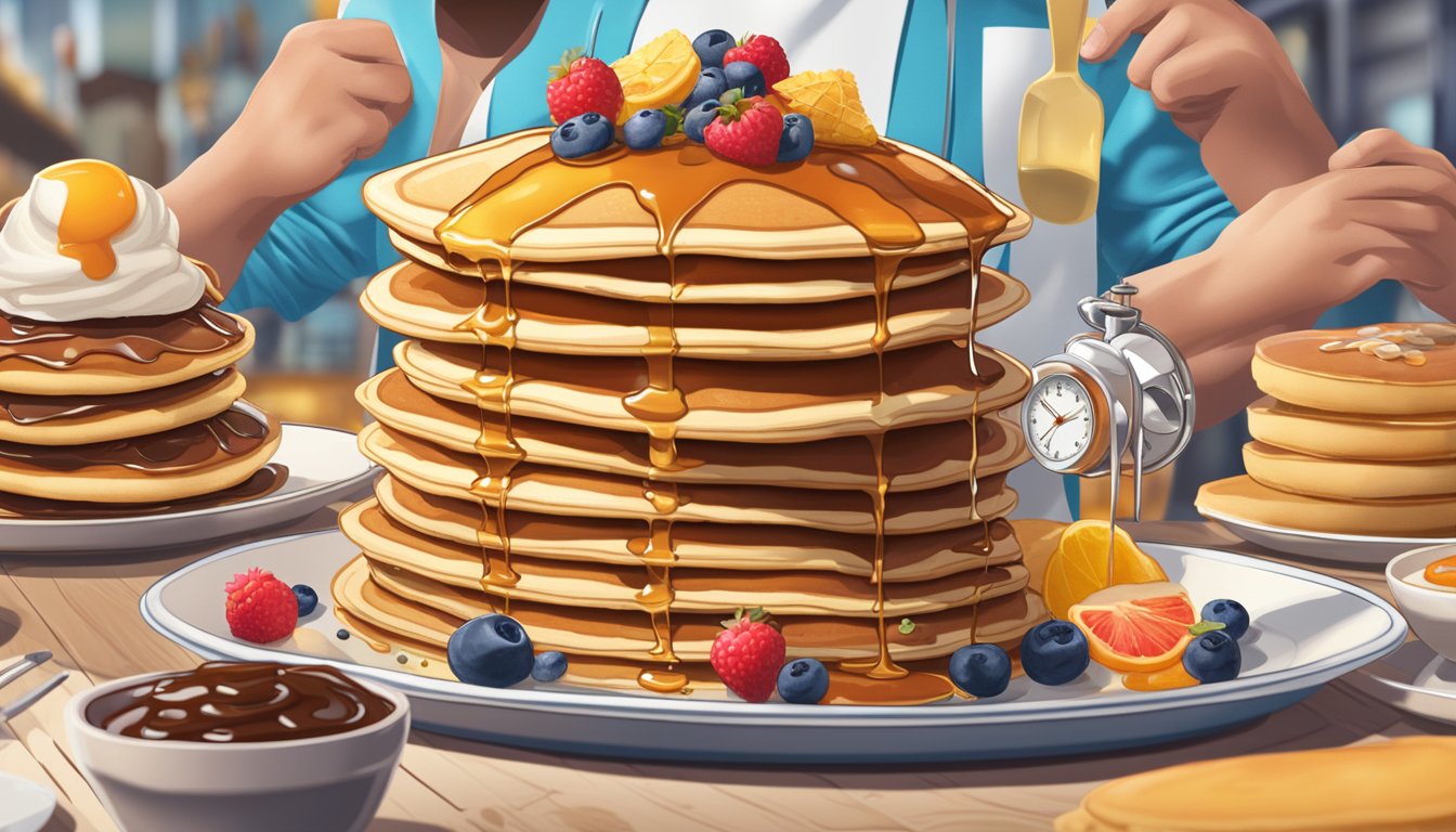 A towering stack of giant pancakes surrounded by a variety of toppings and syrups, with a stopwatch and cheering crowd in the background