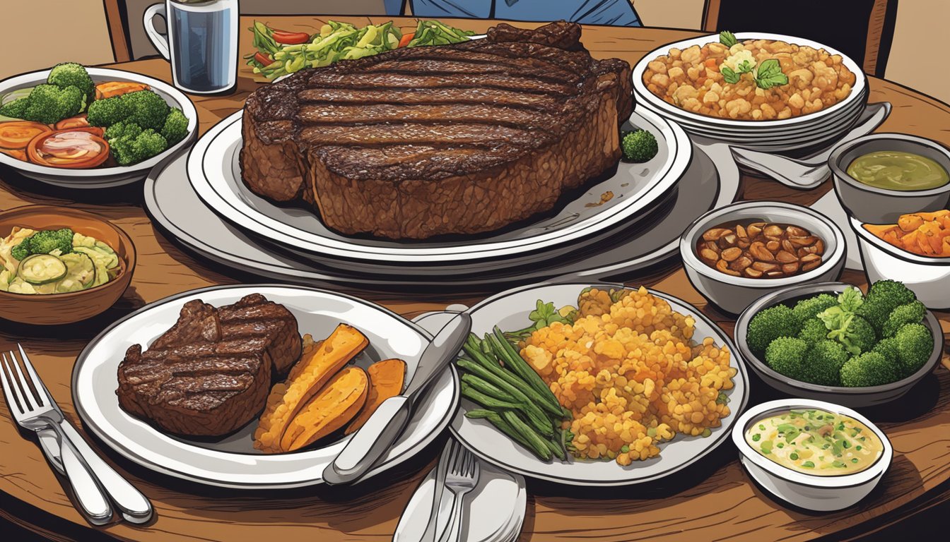 A sizzling 72-oz ribeye steak on a large plate, surrounded by a variety of side dishes, in a bustling Missouri restaurant