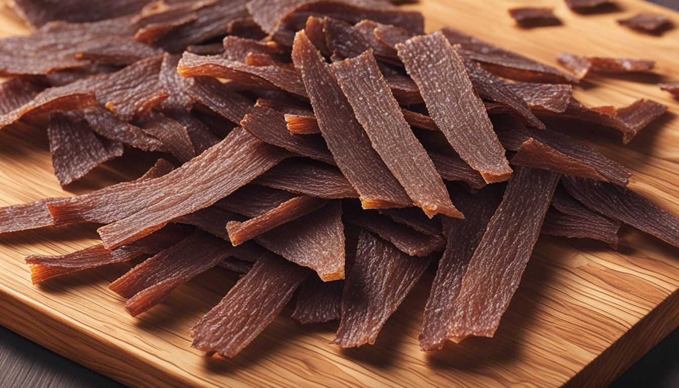 A pile of Oberto beef jerky strips scattered on a wooden cutting board, with a few strips spilling onto the table