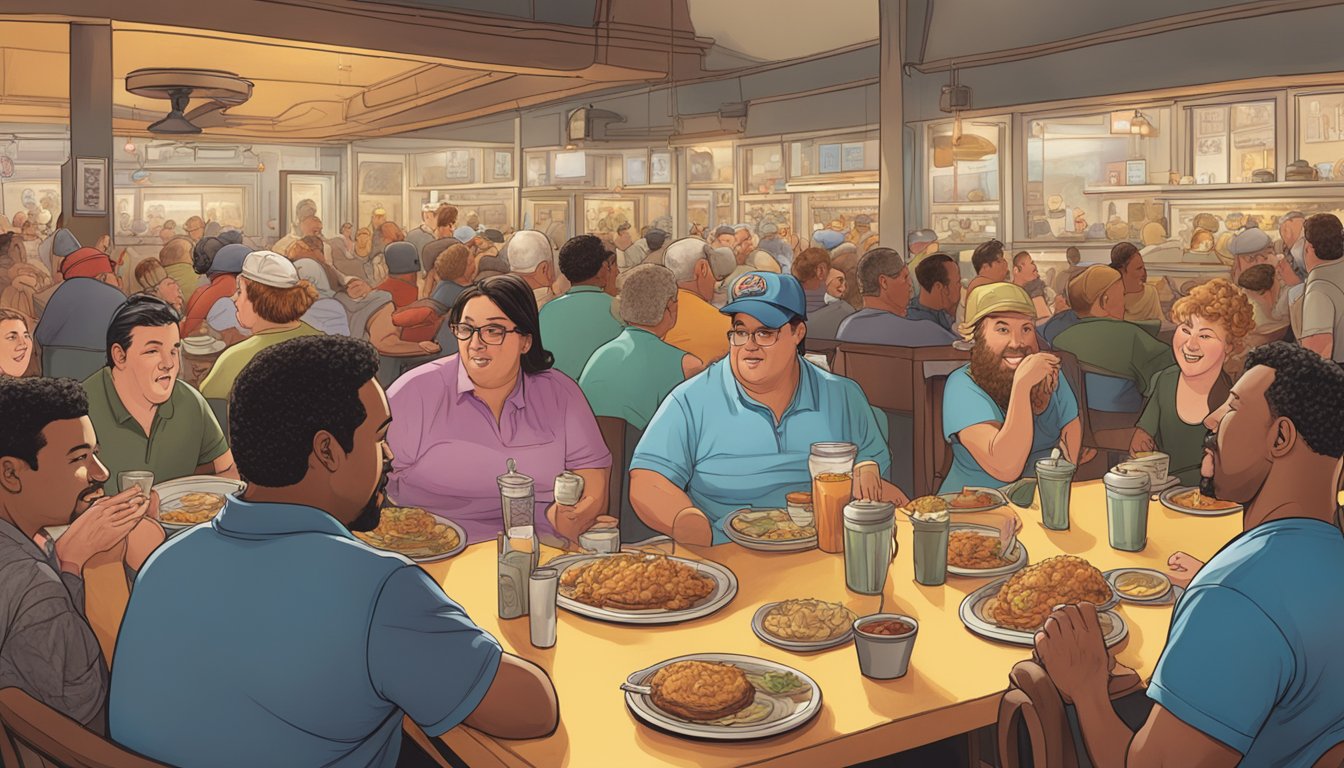 A crowded diner with oversized plates of southern comfort food on every table, as patrons watch a brave soul attempt the "Big Billy's Belly Buster" challenge