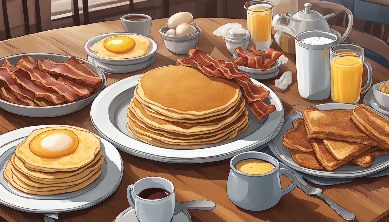 A hearty breakfast spread with oversized pancakes, sizzling bacon, and towering stacks of toast and eggs at Billy Gail's Cafe in Missouri