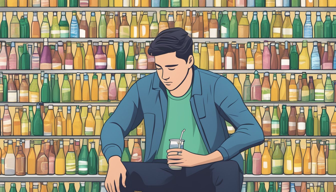 A person surrounded by multiple bottles of Propel and other beverages, looking concerned