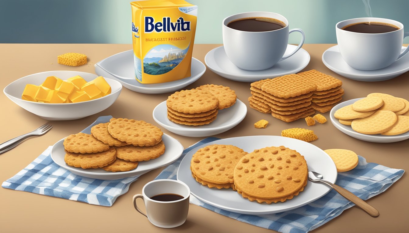 A table with a variety of Belvita Breakfast Biscuits scattered on a plate, with a cup of coffee or tea next to it