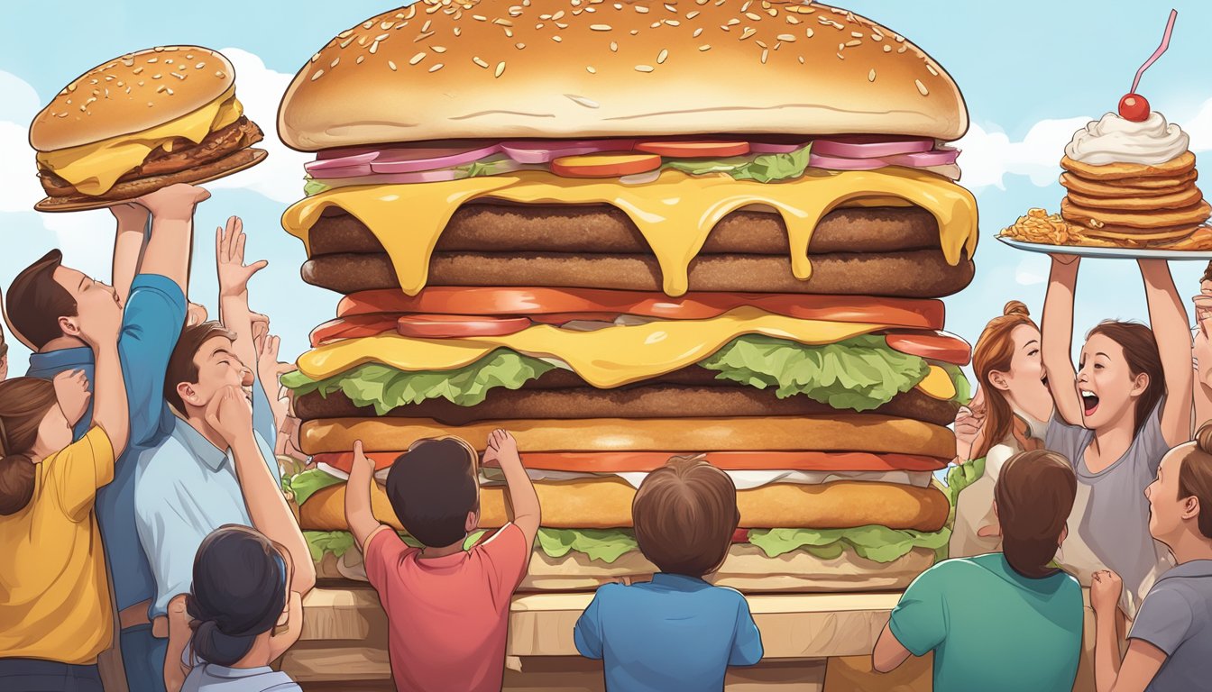 A towering stack of oversized food items, including a massive burger, towering stack of pancakes, and a giant milkshake, all surrounded by cheering onlookers