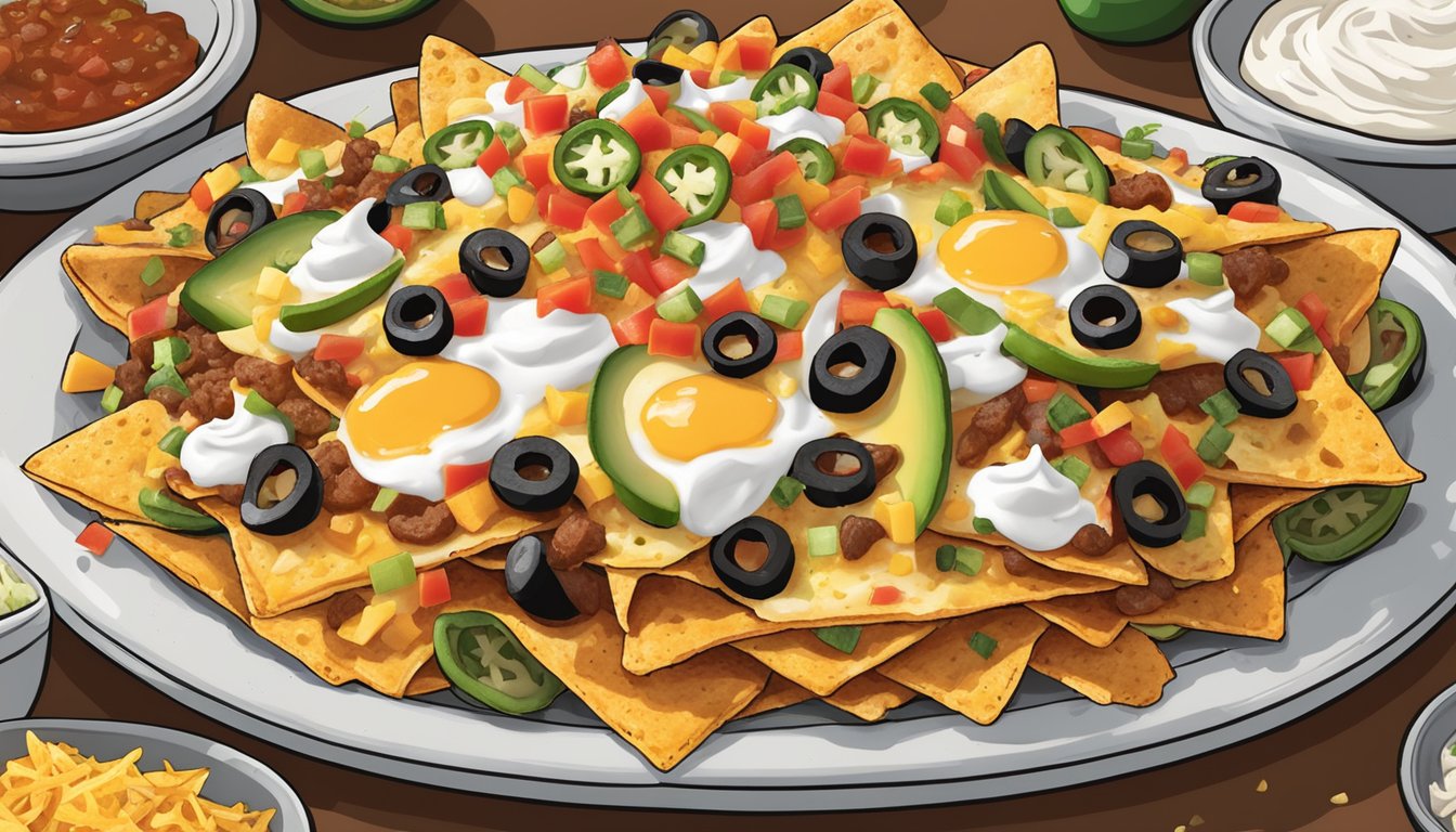 A towering plate of loaded nachos with a variety of toppings, including melted cheese, jalapenos, sour cream, and salsa, served at Mama's on The Hill in Missouri