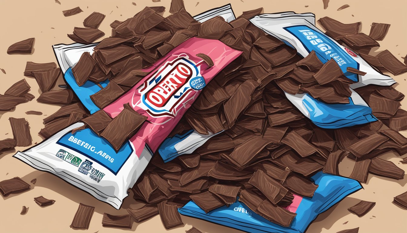 A pile of Oberto beef jerky strips spilling out of a torn package, surrounded by empty wrappers