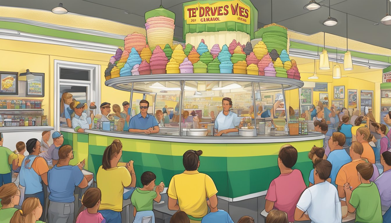 A towering 2K Calorie Ice Cream sundae at Ted Drewes Frozen Custard in Missouri, surrounded by eager onlookers and a lively atmosphere