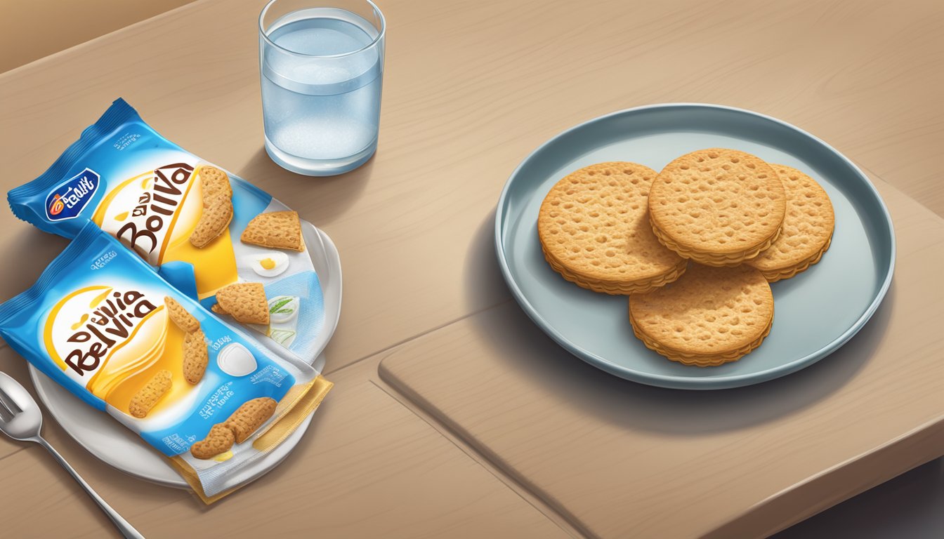 A table with a plate of Belvita breakfast biscuits, a glass of water, and a nutrition label