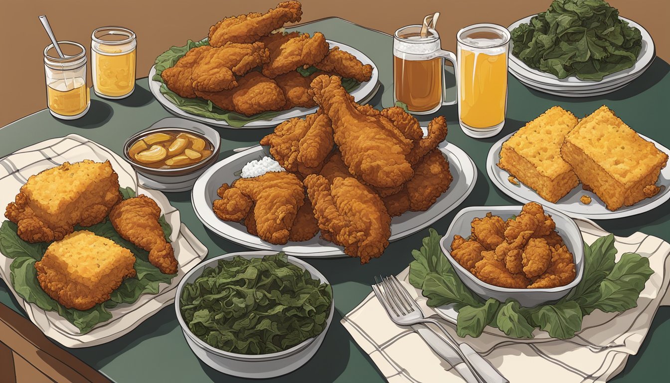 A table overflowing with crispy fried chicken, cornbread, collard greens, and sweet tea. A feast fit for a Southern food challenge