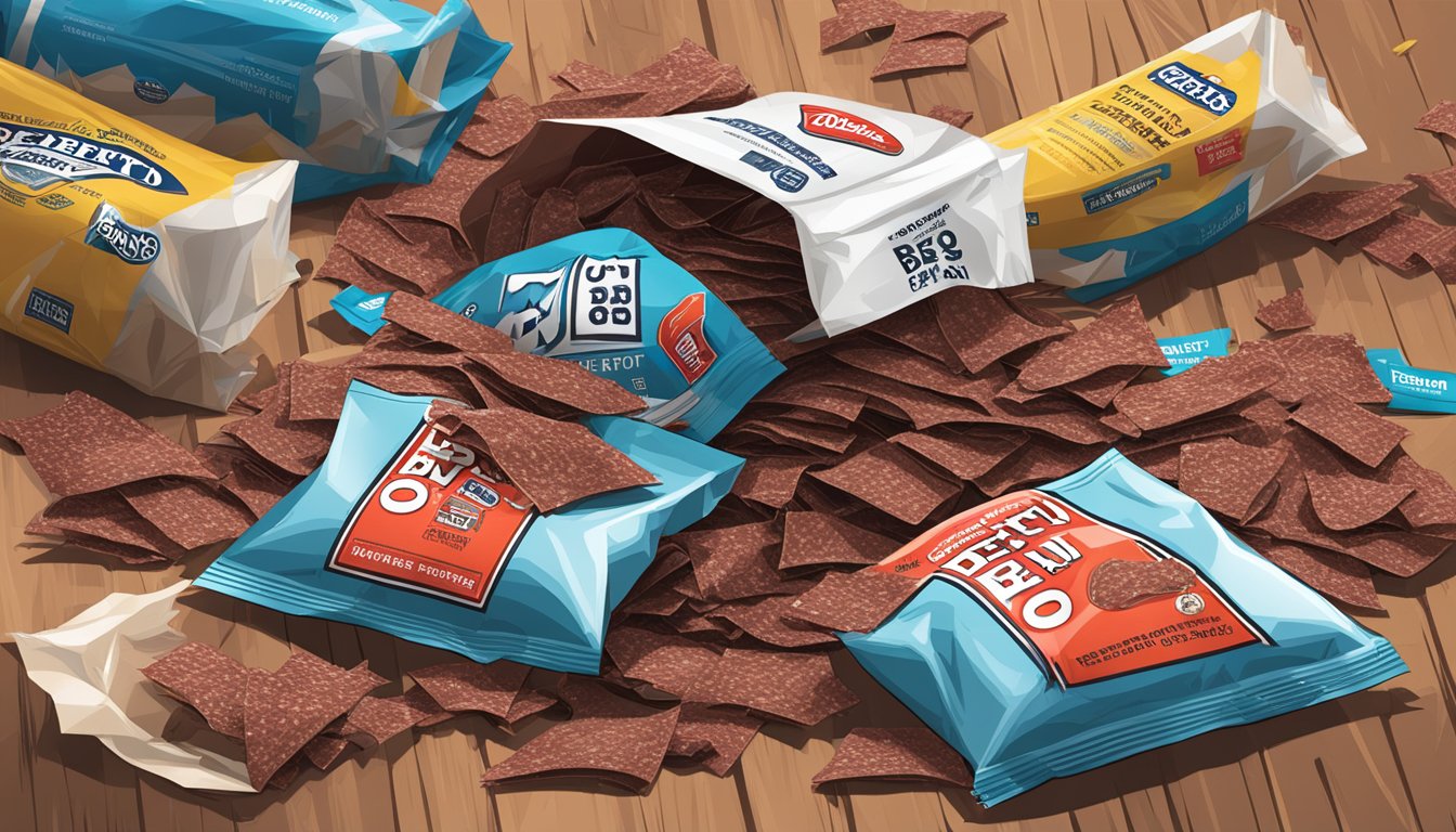 A pile of empty Oberto beef jerky wrappers scattered on a table, with an open bag and more strips spilling out