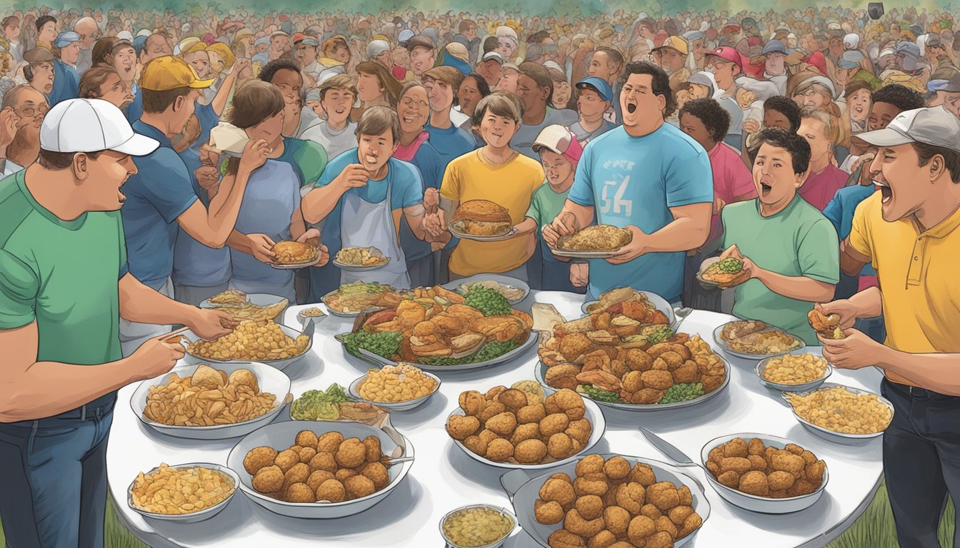 A crowded food challenge event in Missouri with participants eating large portions of food while spectators cheer them on