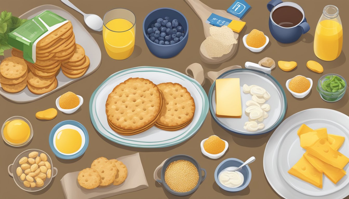 A table with various food items, including belvita breakfast biscuits, surrounded by measuring cups and a nutrition guide