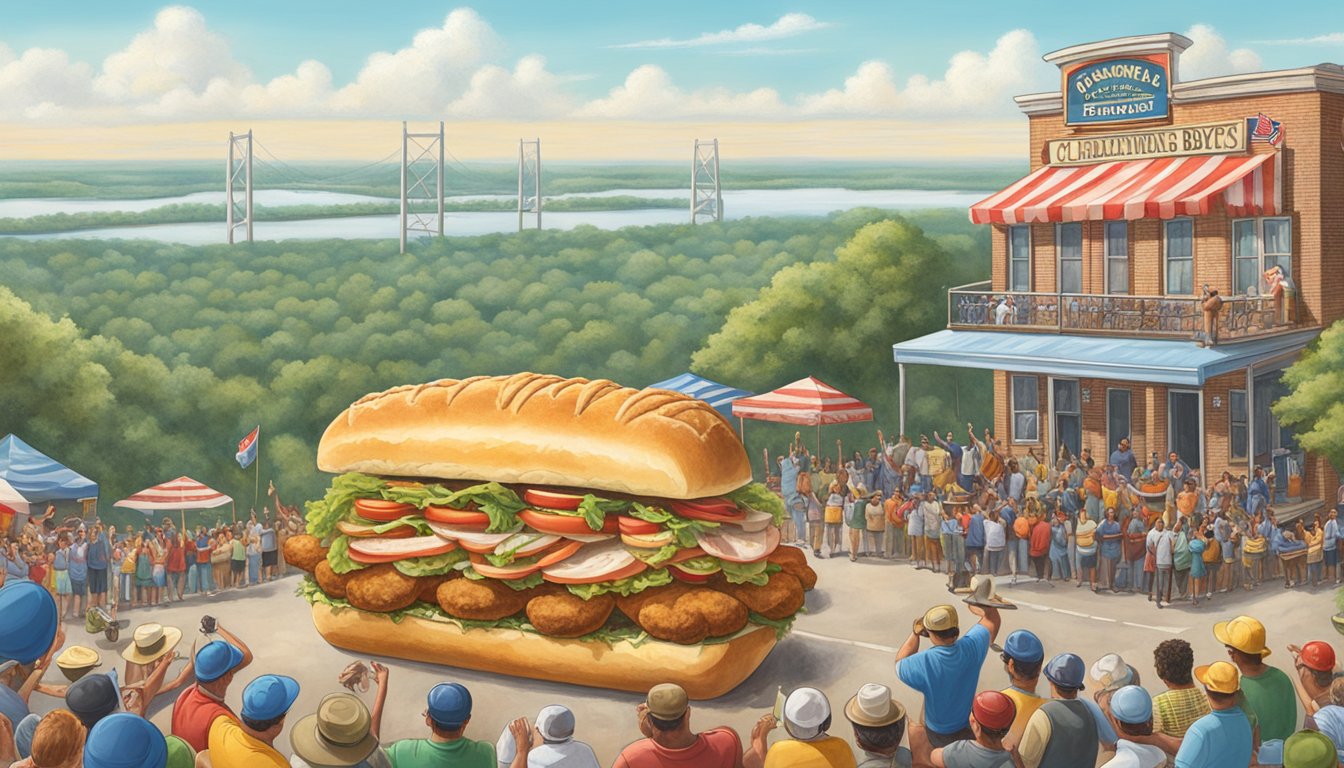 A colossal Po'boy sandwich towers over a Mississippi landscape, surrounded by cheering onlookers and challengers