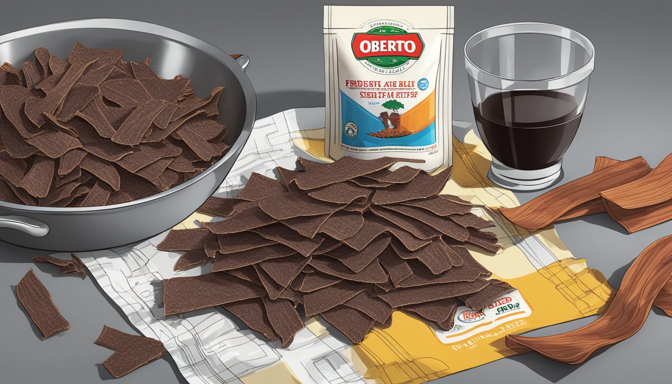 A pile of Oberto beef jerky strips scattered on a table, with a measuring cup next to them