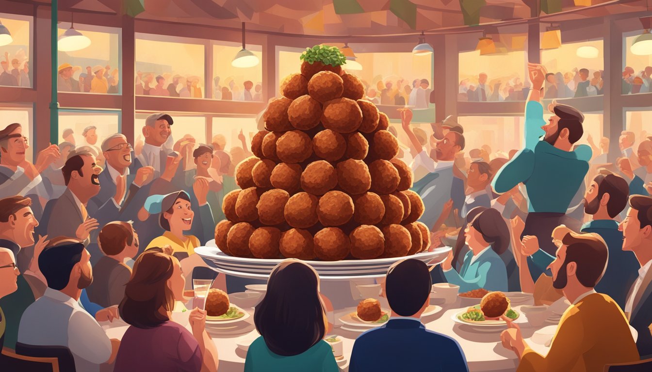 A towering stack of meatballs on a plate, surrounded by cheering spectators in a lively restaurant setting