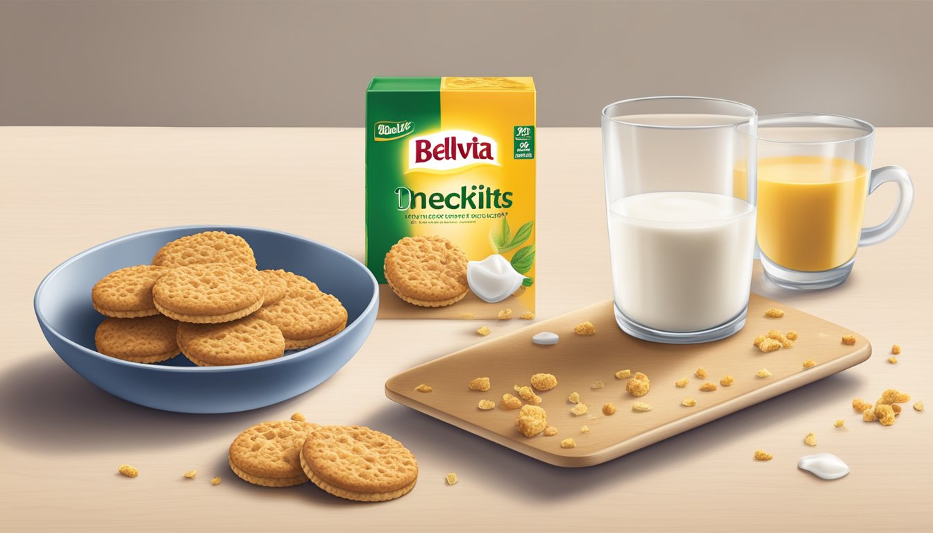 A table with an open box of Belvita breakfast biscuits, scattered crumbs, and an empty glass of milk