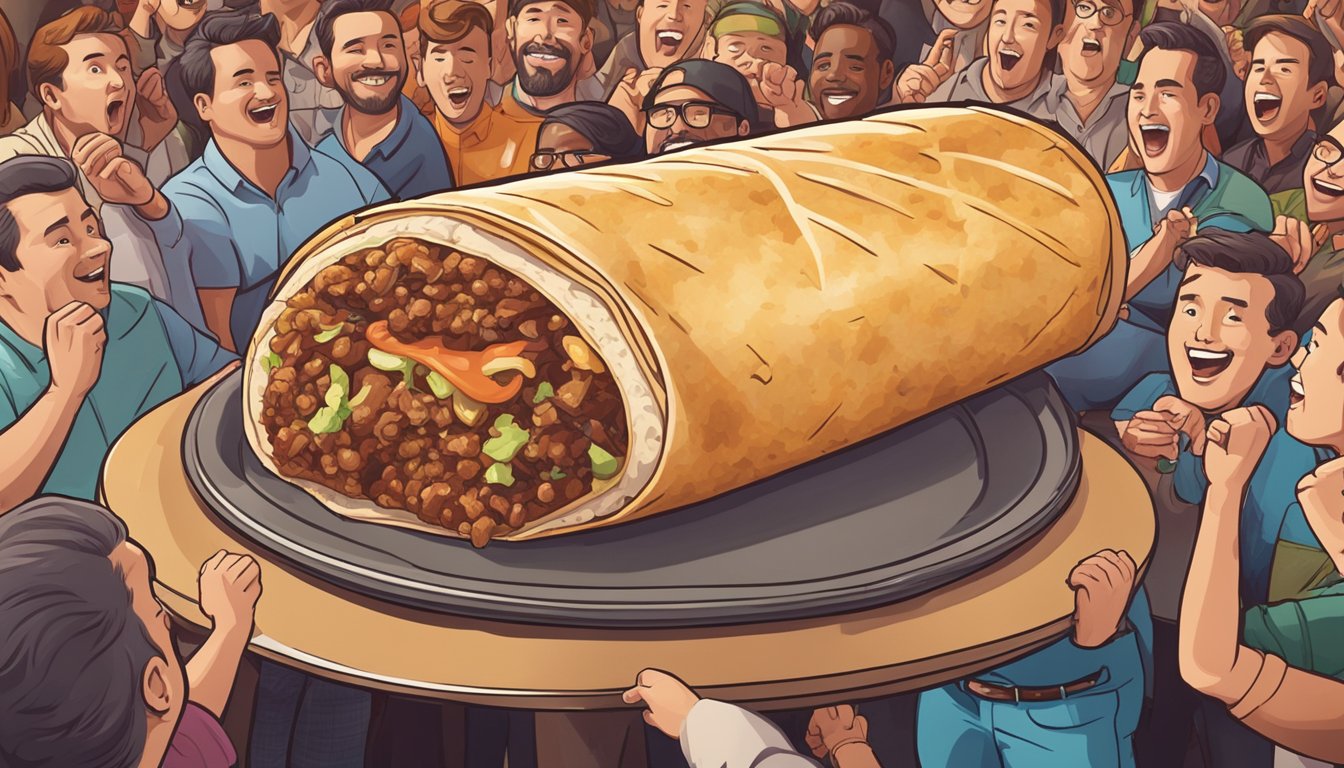 A massive BBQ burrito sits on a plate, surrounded by cheering onlookers in a crowded Minnesota restaurant