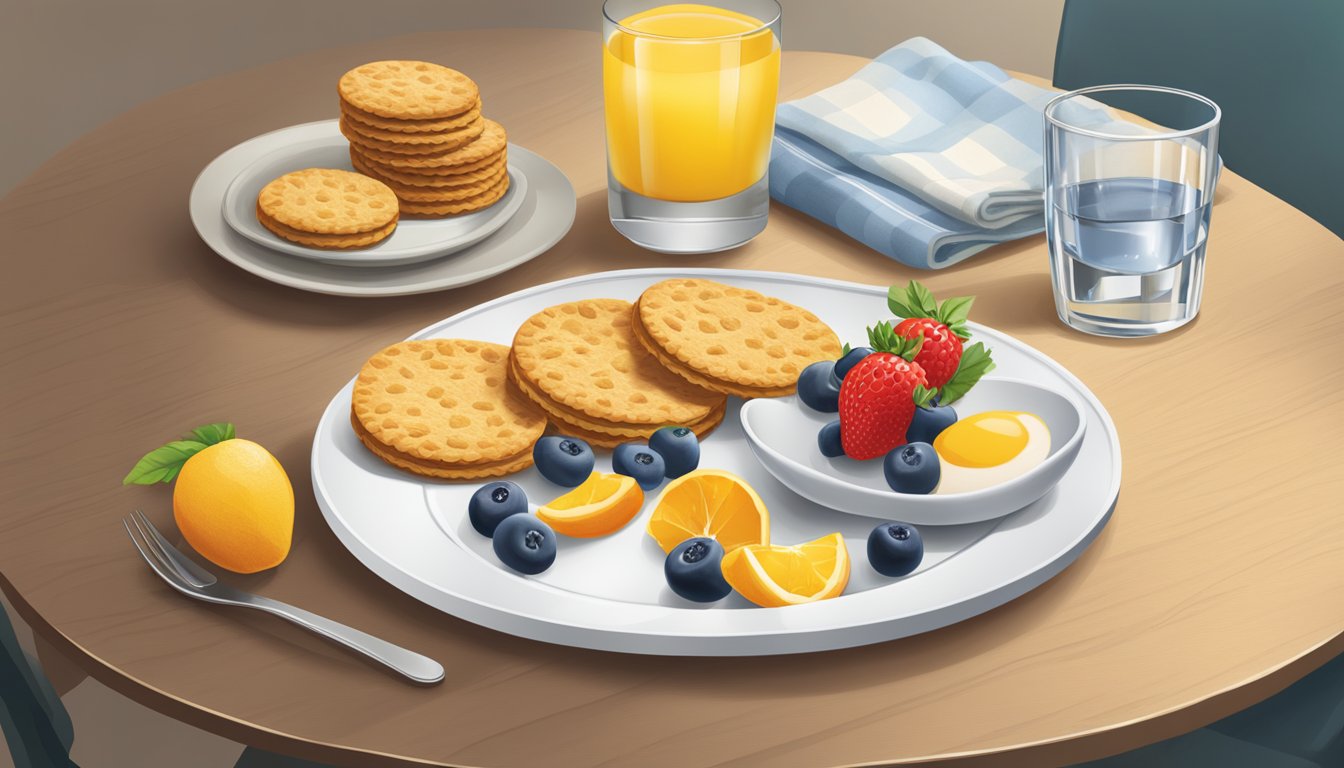 A table with a plate of Belvita breakfast biscuits, a glass of water, and a bowl of fruit