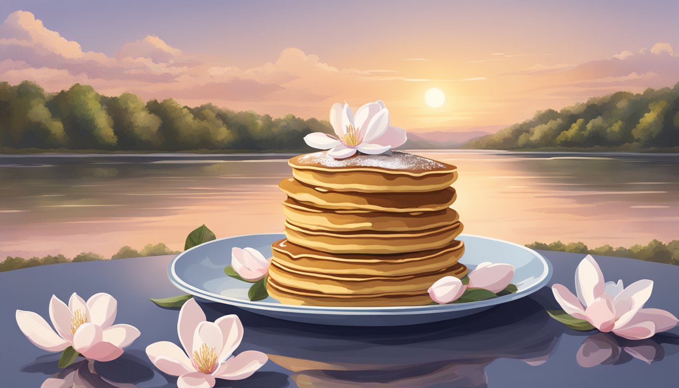 A towering stack of oversized pancakes topped with fresh magnolia blossoms, set against a backdrop of the Mississippi River