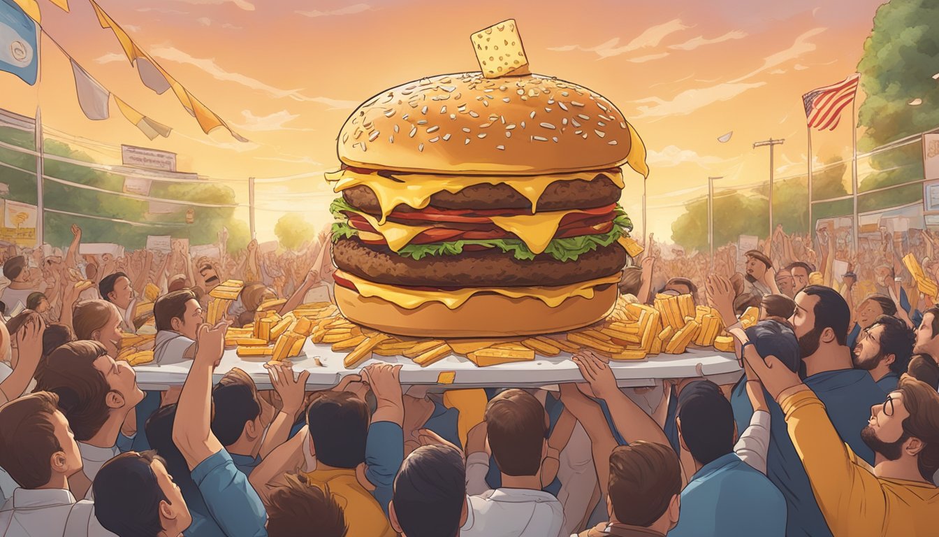 A towering stack of oversized burger patties, dripping with cheese and sauce, surrounded by a crowd of onlookers cheering on the brave challenger