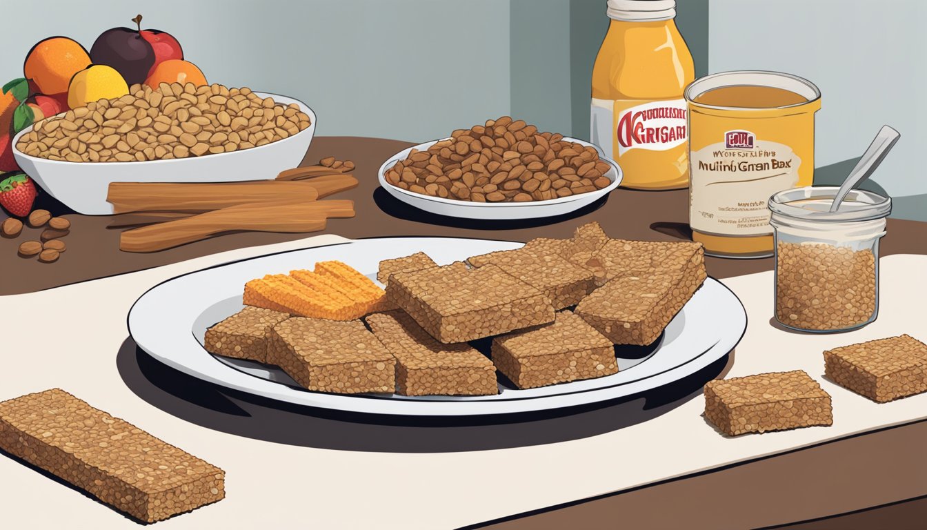 A table with multiple Nutri-Grain fruit and grain bars piled up, some partially unwrapped. An empty plate nearby suggests someone has been snacking