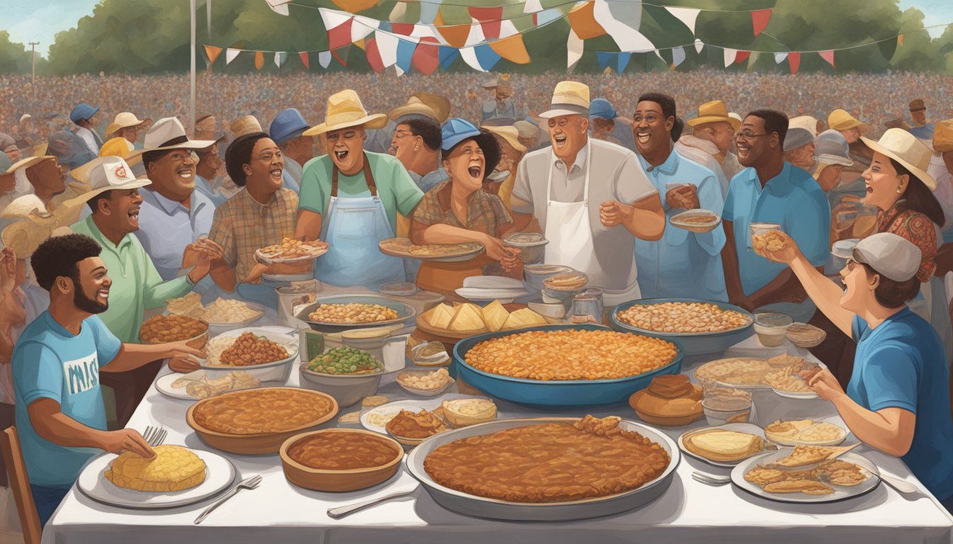 A table filled with iconic Mississippi dishes, including hot tamales, catfish, and pecan pie, surrounded by cheering spectators