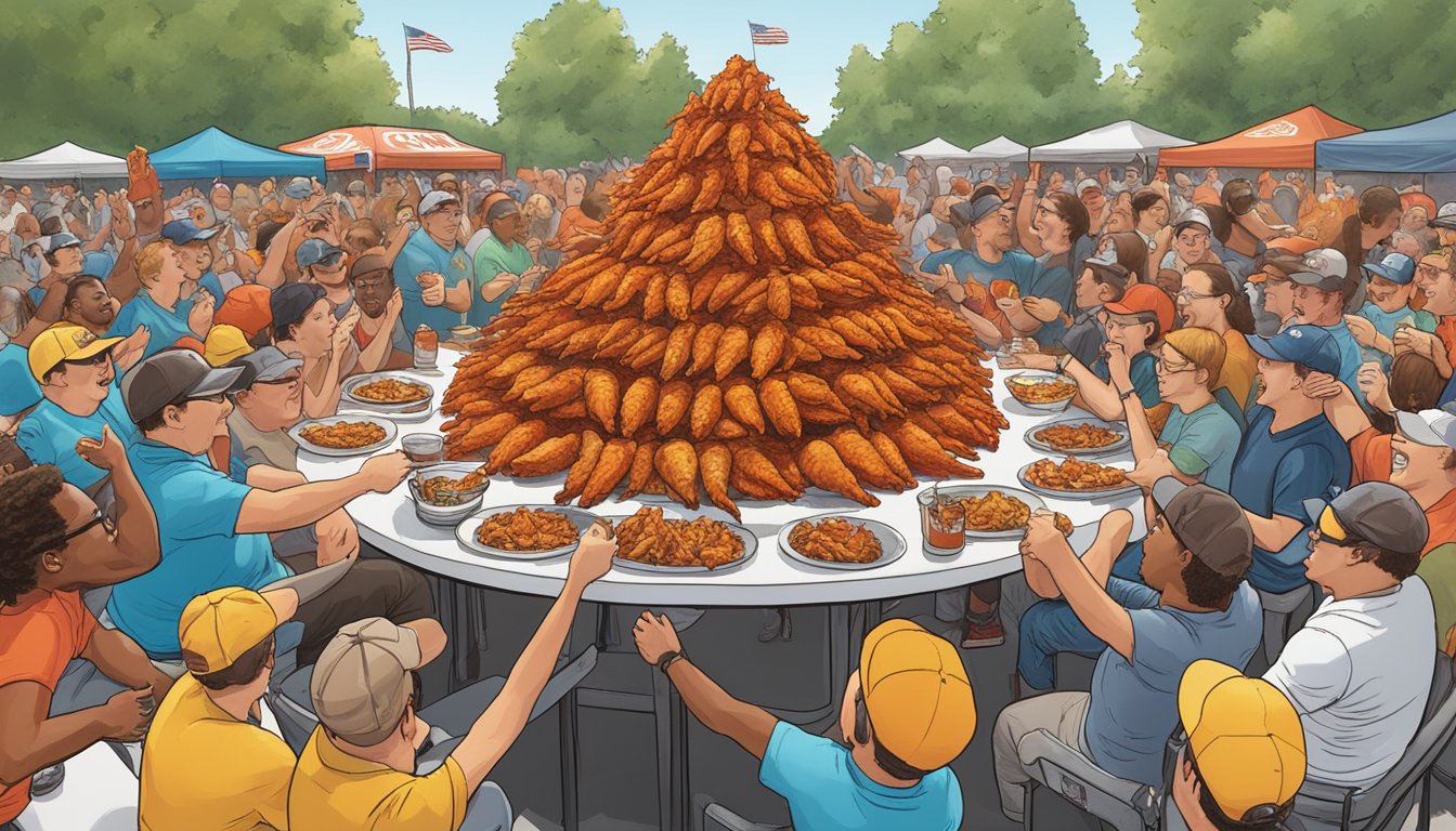 A mountain of fiery hot wings tower over a table, surrounded by cheering spectators at Bubba's Ultimate Hot Wings Challenge in Michigan