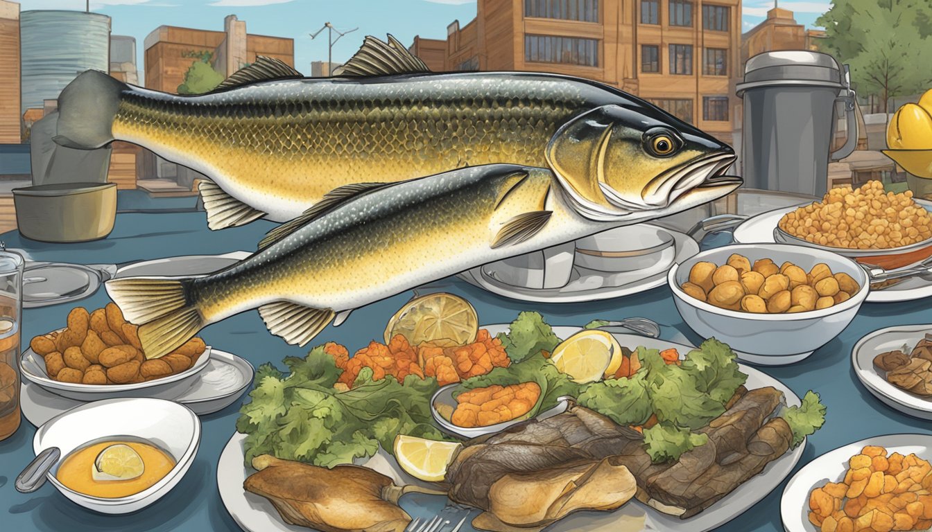 A giant walleye fish on a plate surrounded by various Minnesota food items, with a stopwatch and a crowd of onlookers in the background