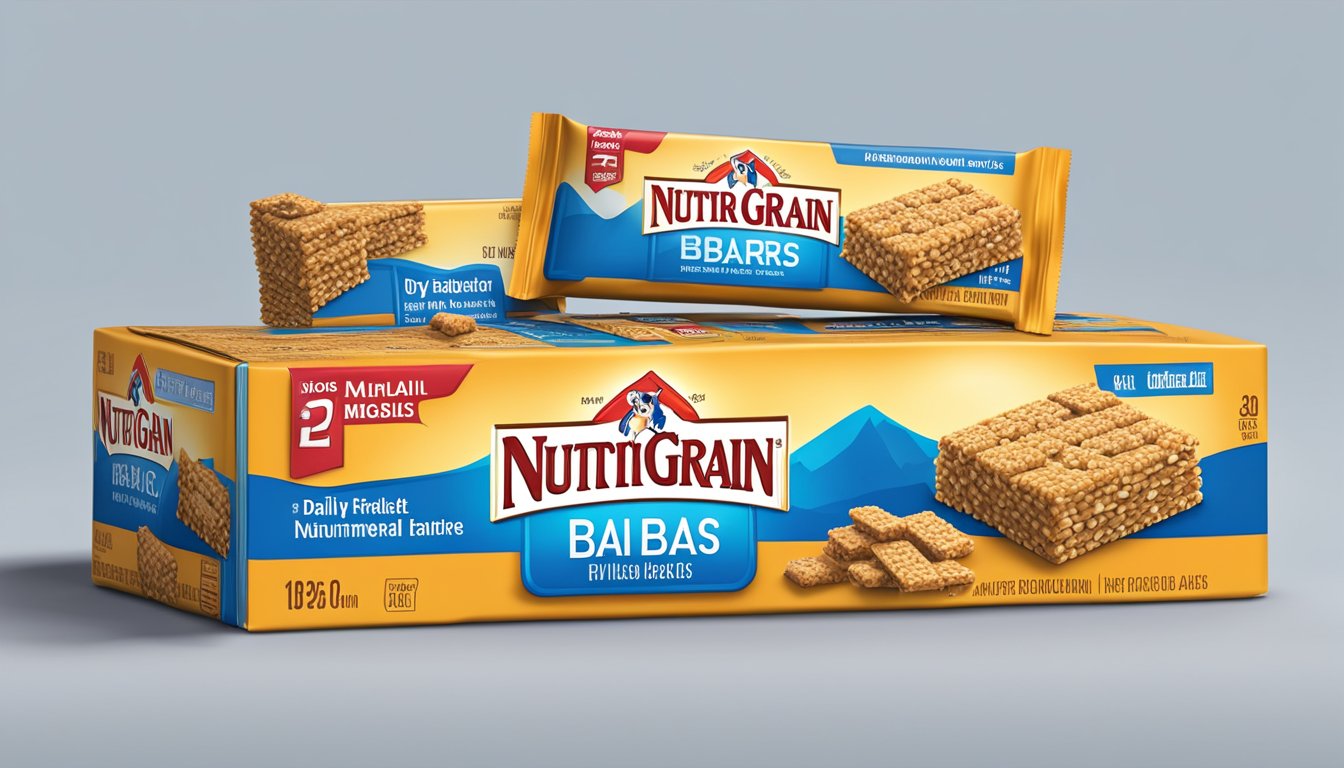 A pile of Nutri-Grain bars stacked on a table, with a nutrition label showing the recommended daily limit