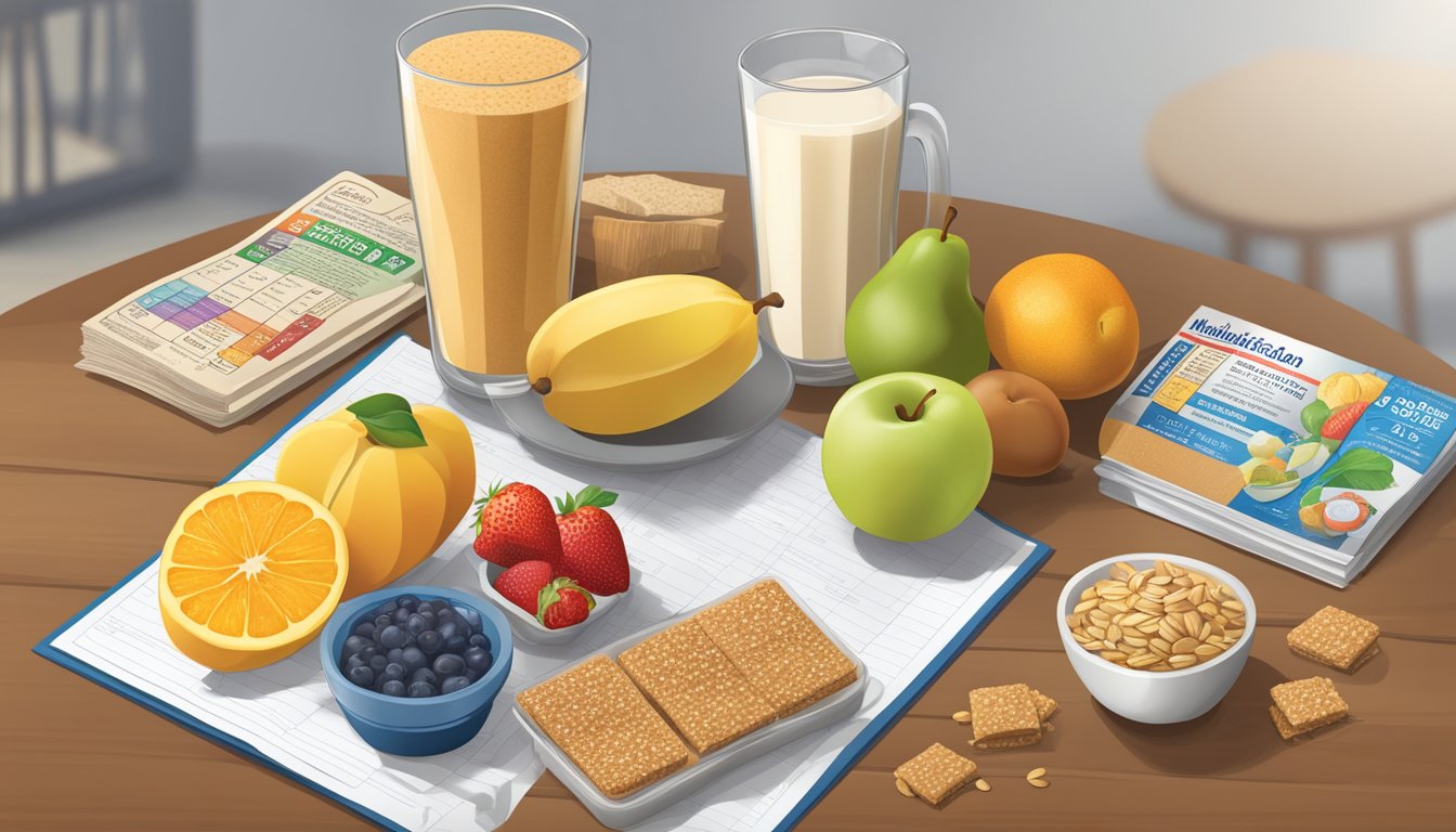 A table with various nutri grain fruit and grain bars, a measuring tape, and a nutrition guide laid out for comparison