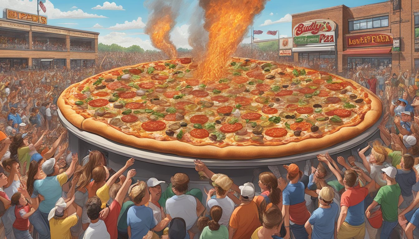 A towering inferno of spicy toppings on a massive pizza, surrounded by cheering spectators at Buddy's Pizza in Michigan